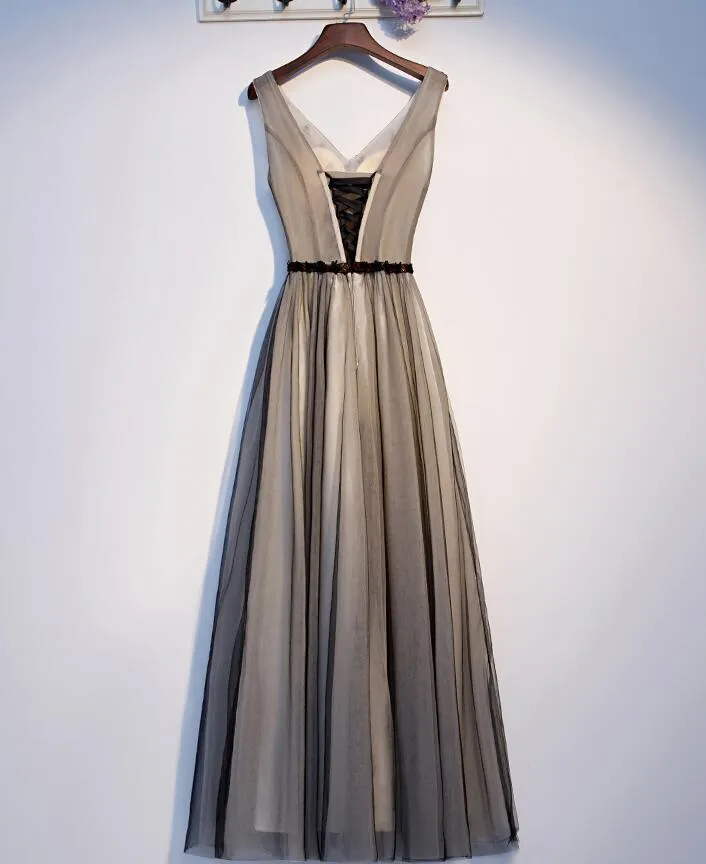 Lovely V-neckline Tulle Beaded Black and Champagne Prom Dress, Tulle Evening Dresses