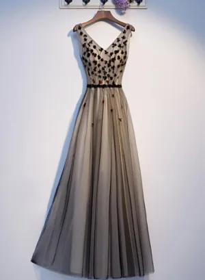 Lovely V-neckline Tulle Beaded Black and Champagne Prom Dress, Tulle Evening Dresses