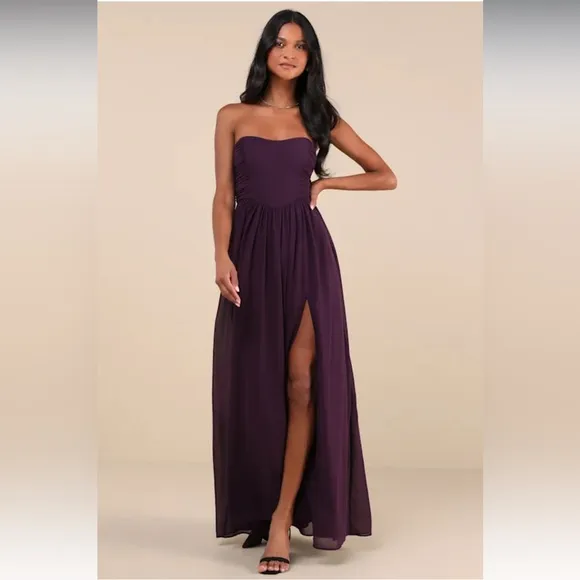 Lulus Luxe Favorite Dark Purple Strapless Ruched Gown