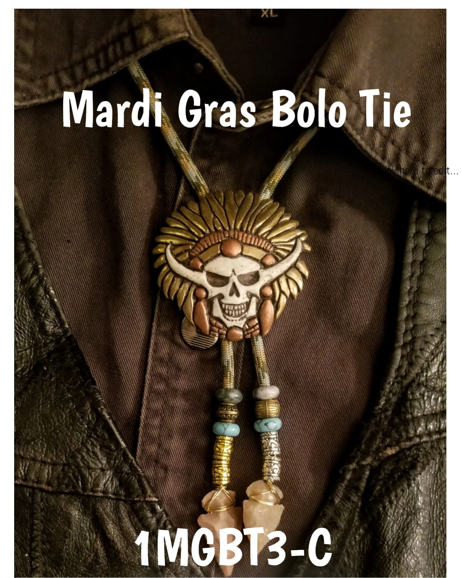 Mardi Gras Skull Medallion Bolo Tie with Authentic, Handmade, Stone Arrowhead - Zambini Bros Bolo Tie Collection