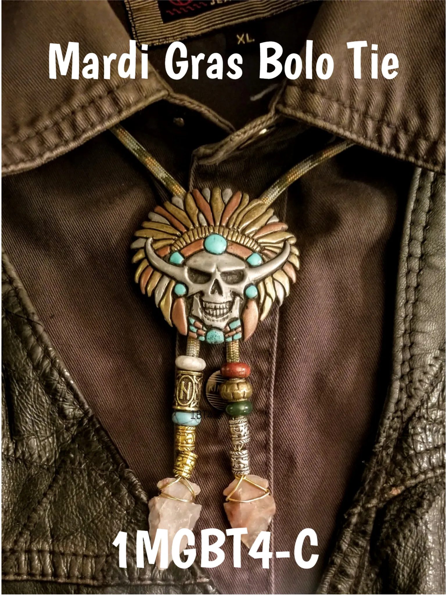 Mardi Gras Skull Medallion Bolo Tie with Authentic, Handmade, Stone Arrowhead - Zambini Bros Bolo Tie Collection