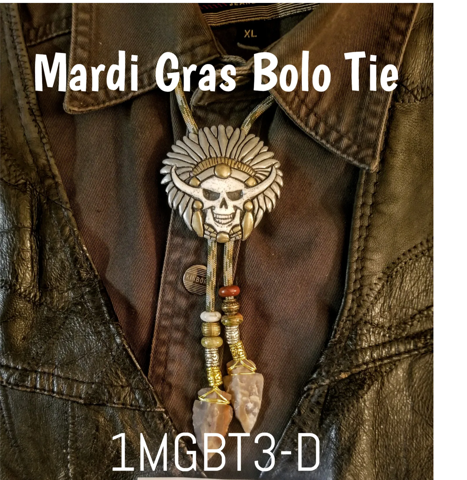 Mardi Gras Skull Medallion Bolo Tie with Authentic, Handmade, Stone Arrowhead - Zambini Bros Bolo Tie Collection
