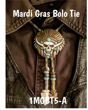 Mardi Gras Skull Medallion Bolo Tie with Authentic, Handmade, Stone Arrowhead - Zambini Bros Bolo Tie Collection