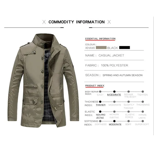 Men's Business Casual Jacket Long Windbreaker Jacket