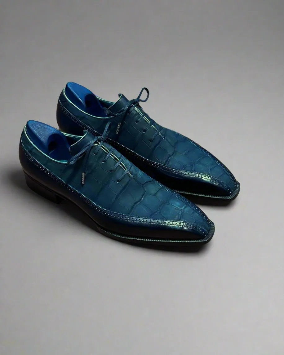 Men’s Two Tone Blue Alligator  & Blue Leather Lace Up Fine Shoes - Formal Shoes