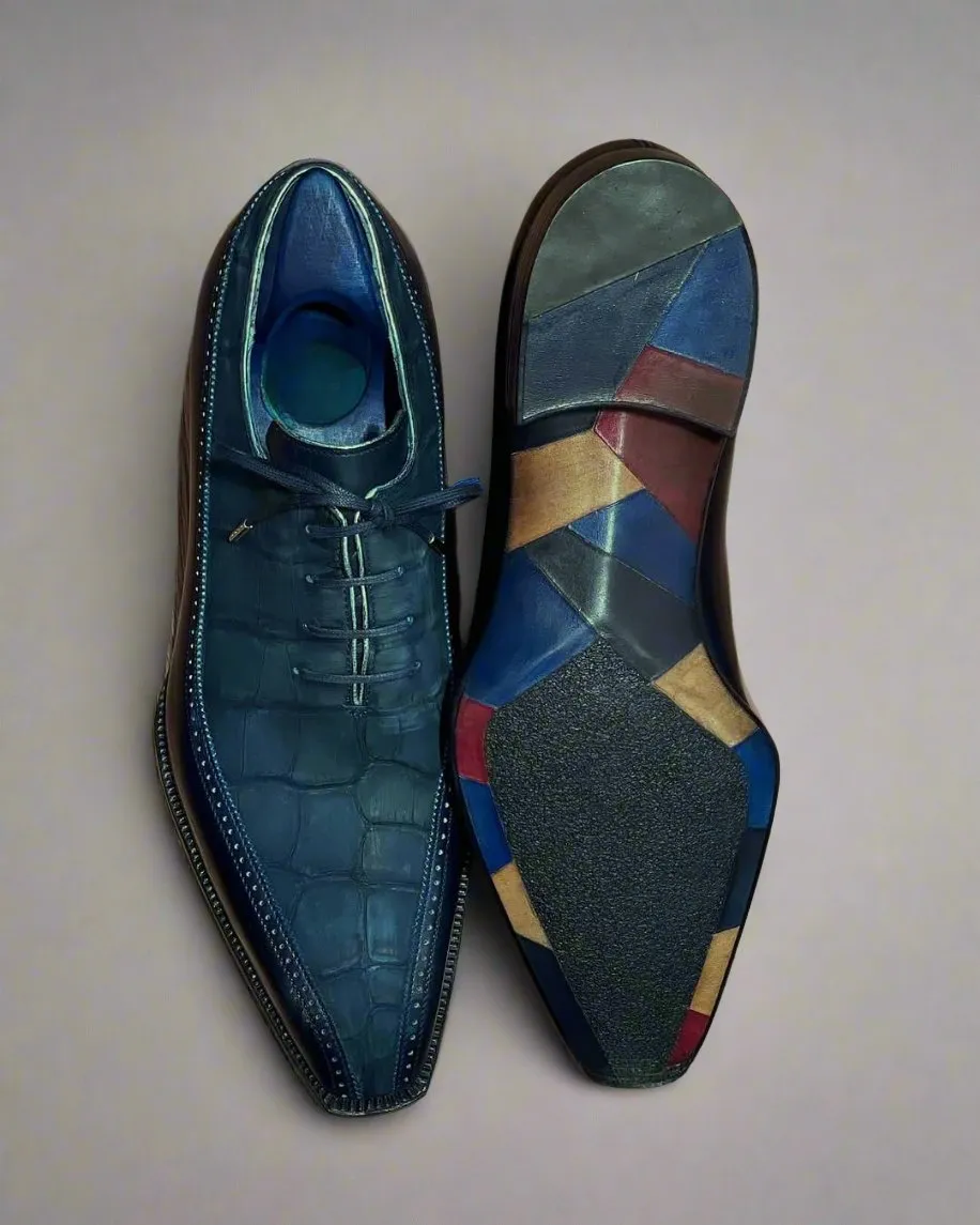 Men’s Two Tone Blue Alligator  & Blue Leather Lace Up Fine Shoes - Formal Shoes