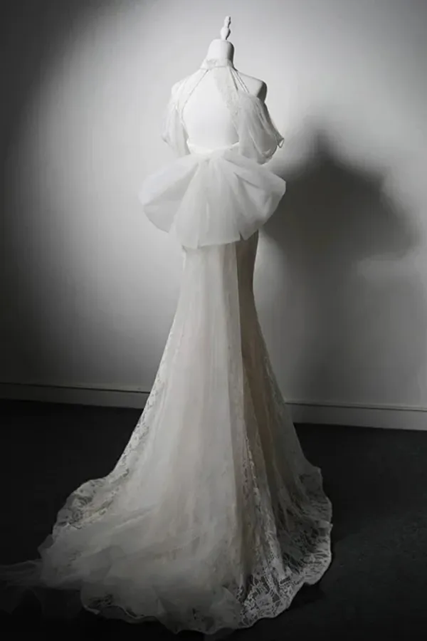 Mermaid High Neck Lace White Long Prom Dress, White Long Evening Dress APP1123