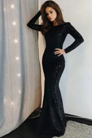 Mermaid Long Sleeves Black Sequined Evening Dress APP0738