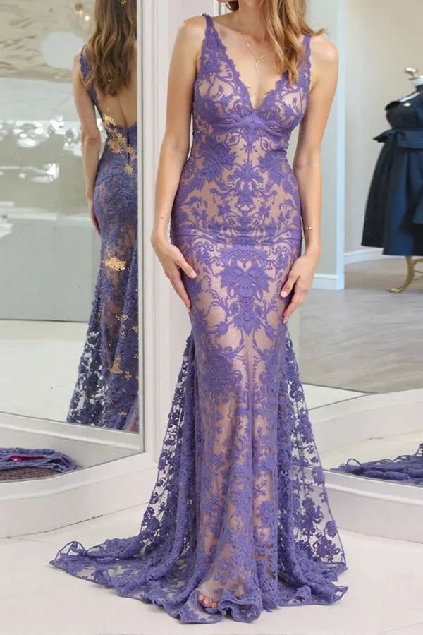 Mermaid Purple V-Neck Backless Prom Dress with Lace TP1395