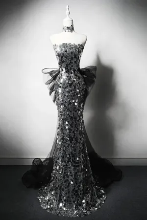 Mermaid Sequin Tulle Black Long Prom Dress, Black Long Formal Dress APP1138