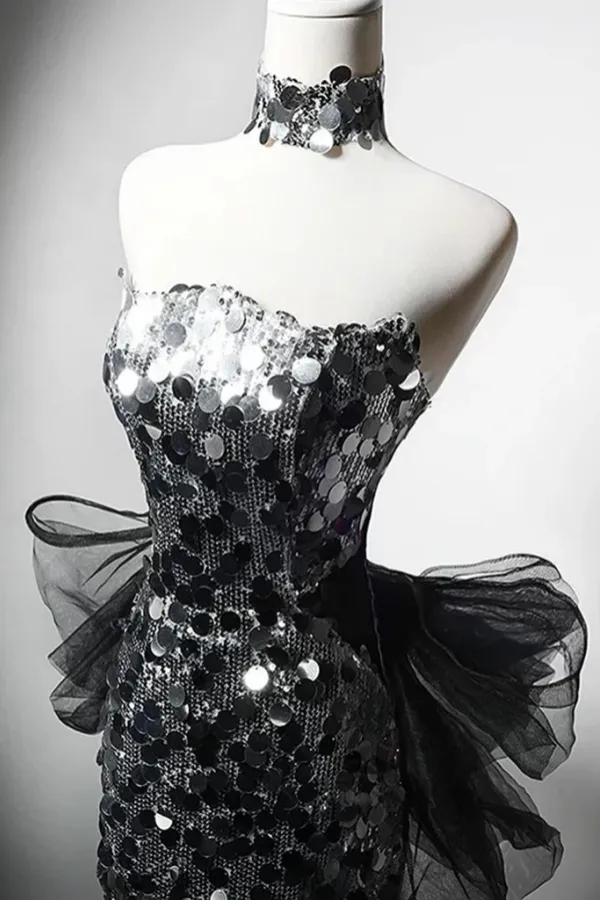 Mermaid Sequin Tulle Black Long Prom Dress, Black Long Formal Dress APP1138