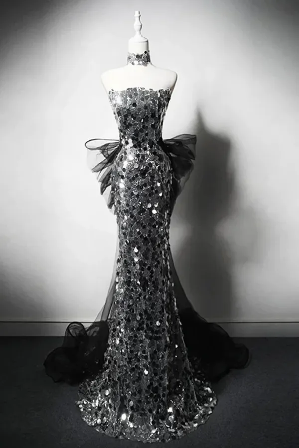 Mermaid Sequin Tulle Black Long Prom Dress, Black Long Formal Dress APP1138