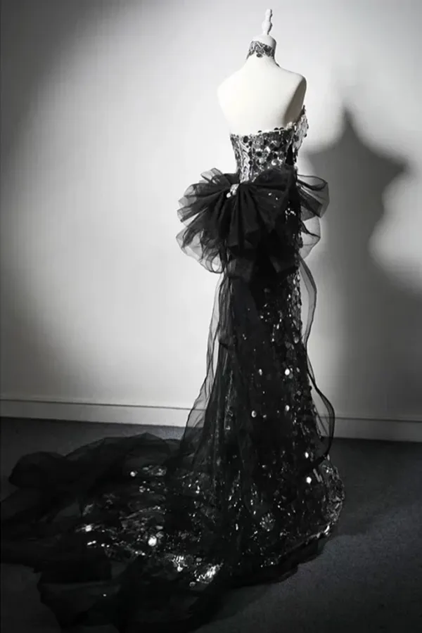Mermaid Sequin Tulle Black Long Prom Dress, Black Long Formal Dress APP1138