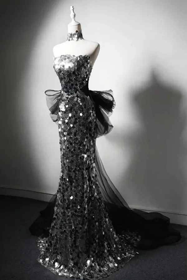 Mermaid Sequin Tulle Black Long Prom Dress, Black Long Formal Dress APP1138