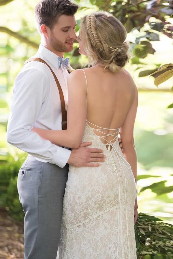 Mermaid Spaghetti Straps Backless Ivory Lace Wedding Dress TN163
