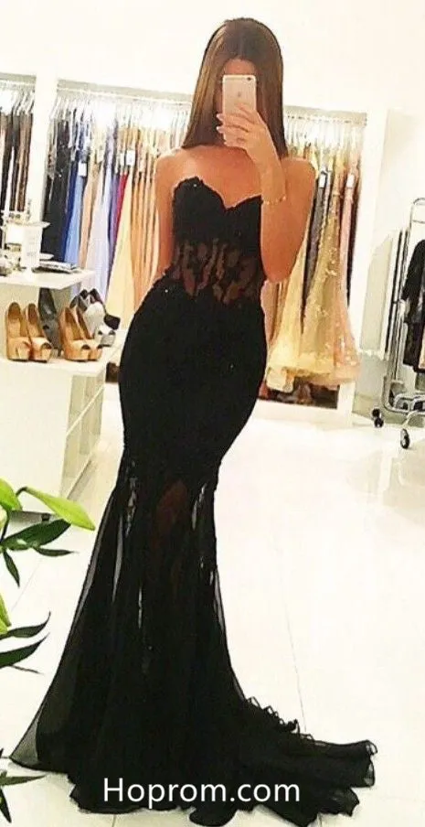 Mermaid Strapless Black Prom Dresses Appliques Formal Dresses