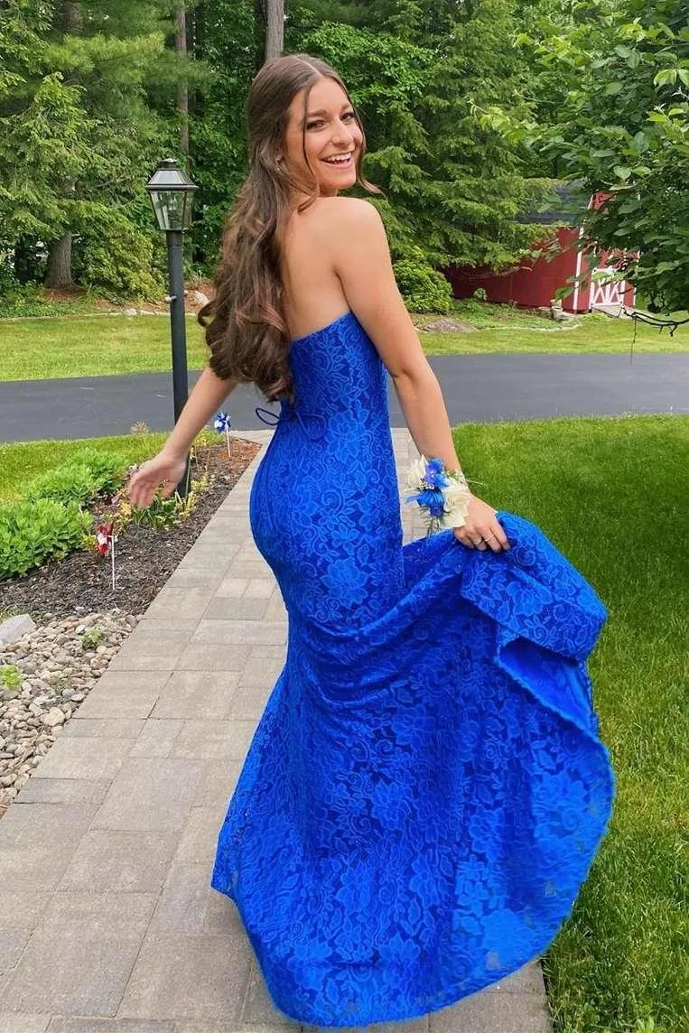 Mermaid Strapless Royal Blue Lace Prom Formal Dress with Split TP1191