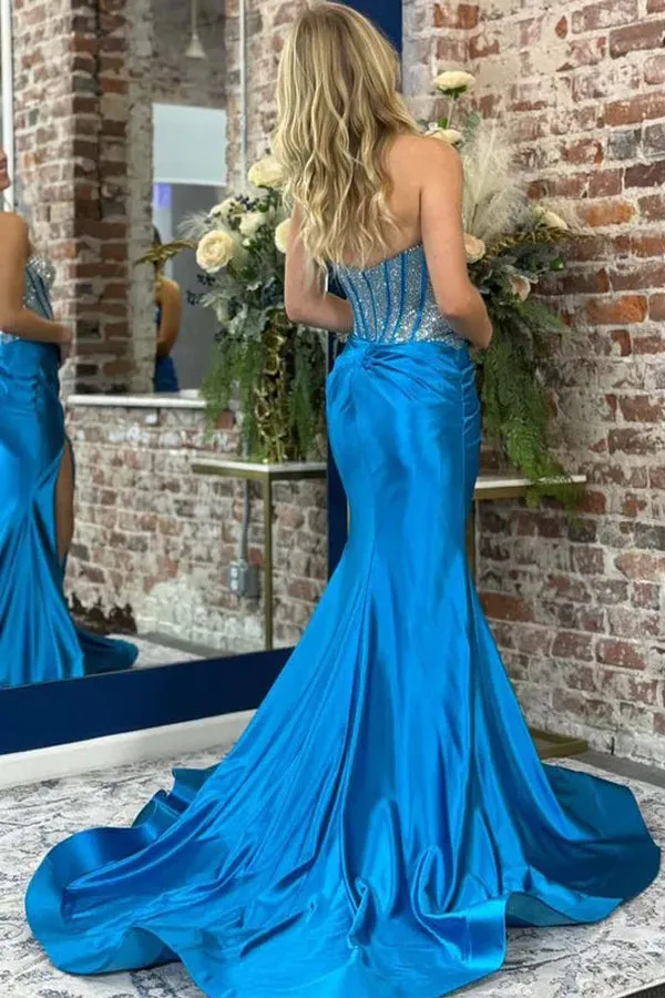 Mermaid Strapless V-Neck Pleated Blue Long Prom Dress with Slit TP1359