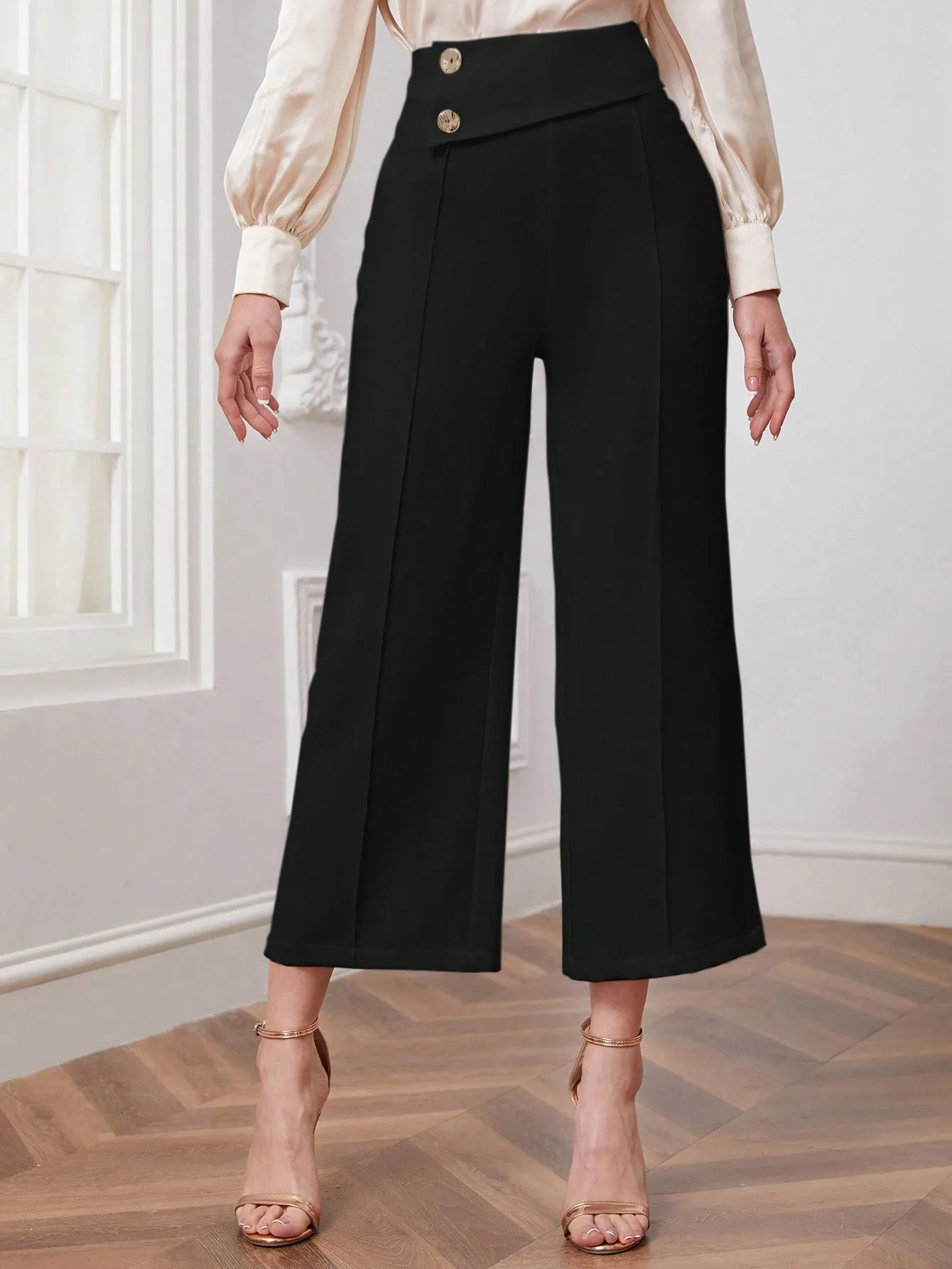 Modely Button Detail Cropped Wide Leg Pants