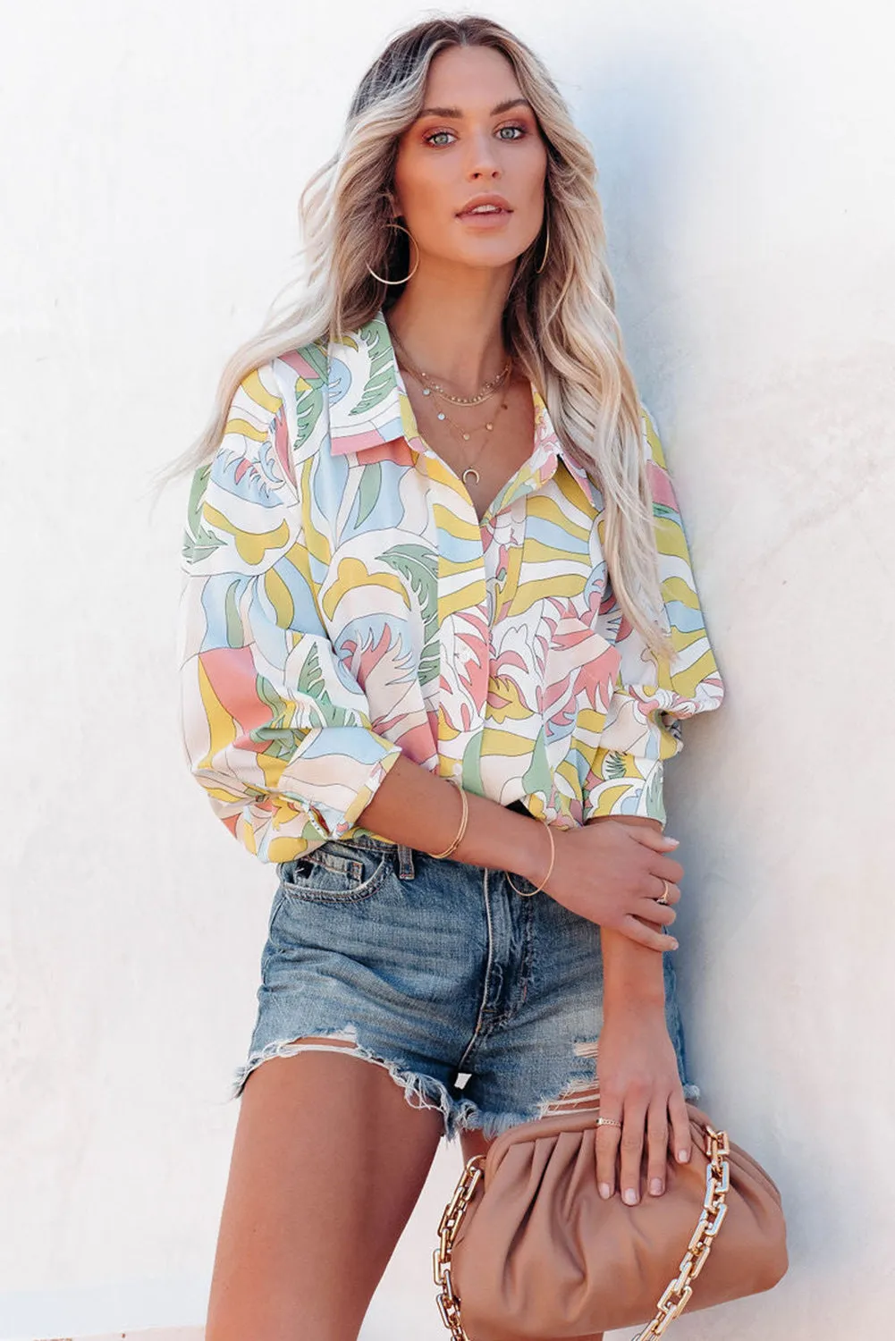 Multicolor Abstract Printed Turn-Down Collar Loose Shirt
