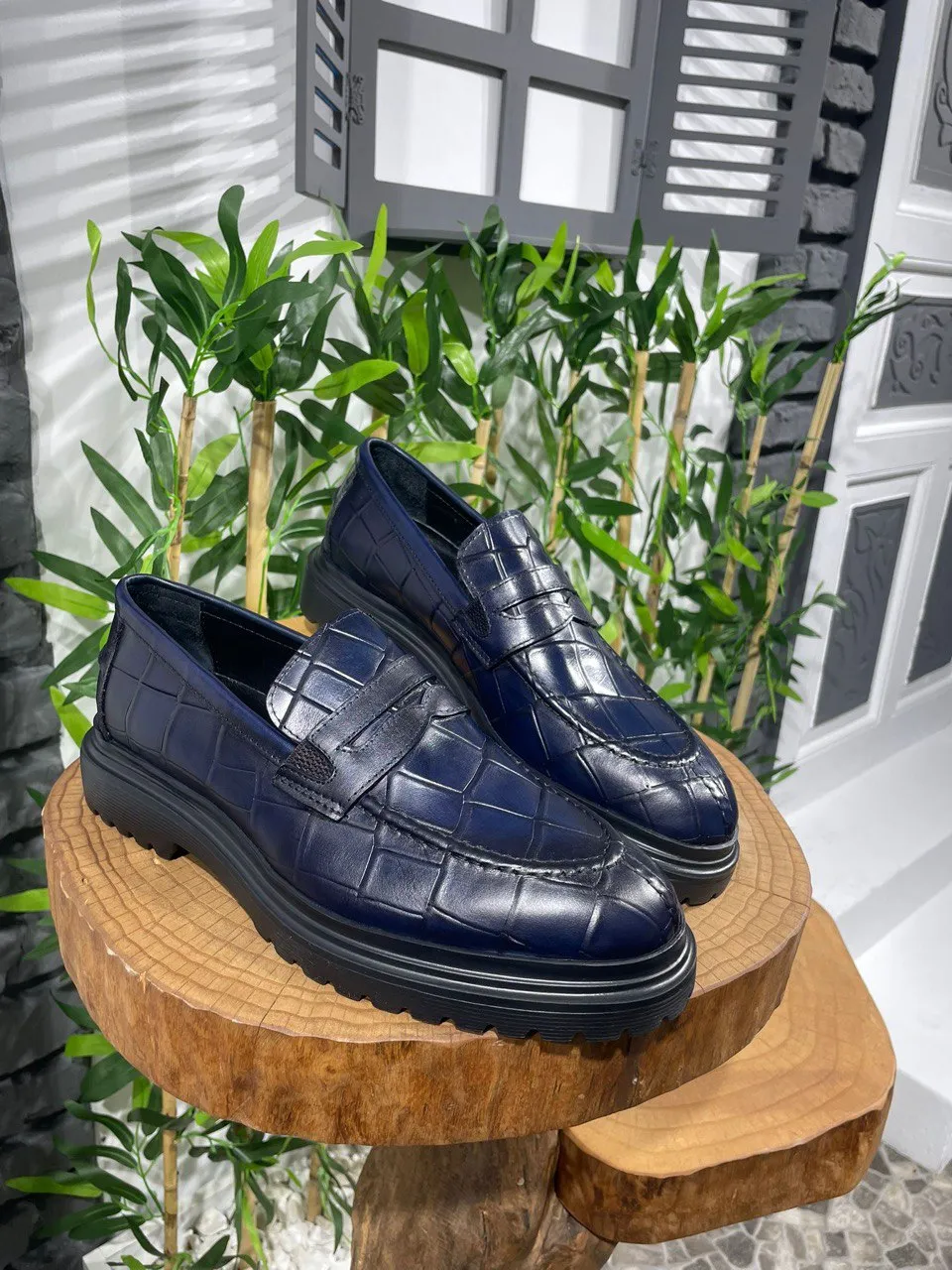 Navy Blue Croc Casual High Sole Shoes
