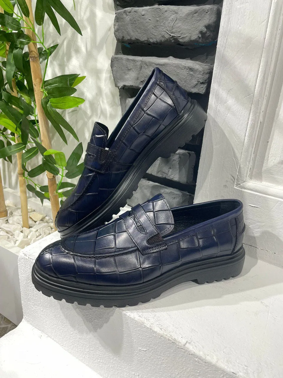 Navy Blue Croc Casual High Sole Shoes