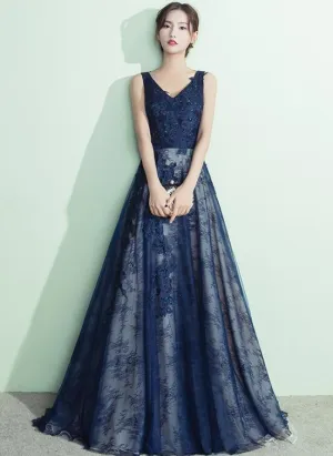 Navy Blue Lace A-line V-neckline Evening Gown, Prom Gown