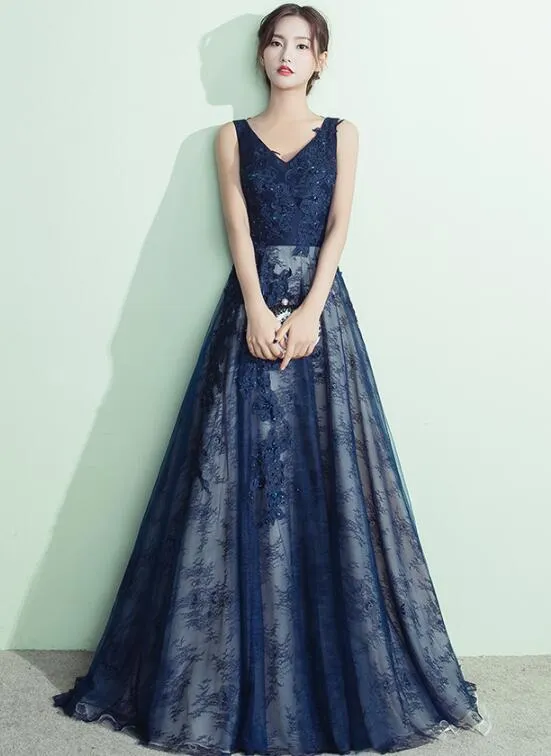 Navy Blue Lace A-line V-neckline Evening Gown, Prom Gown