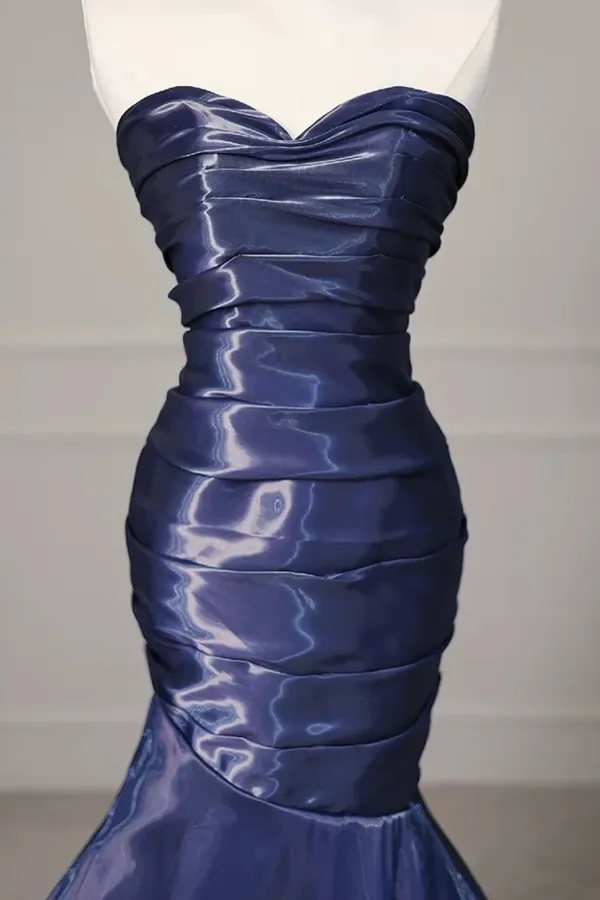 Navy Blue Mermaid Strapless Long Evening Dress, Navy Blue Satin Prom Dress APP1087