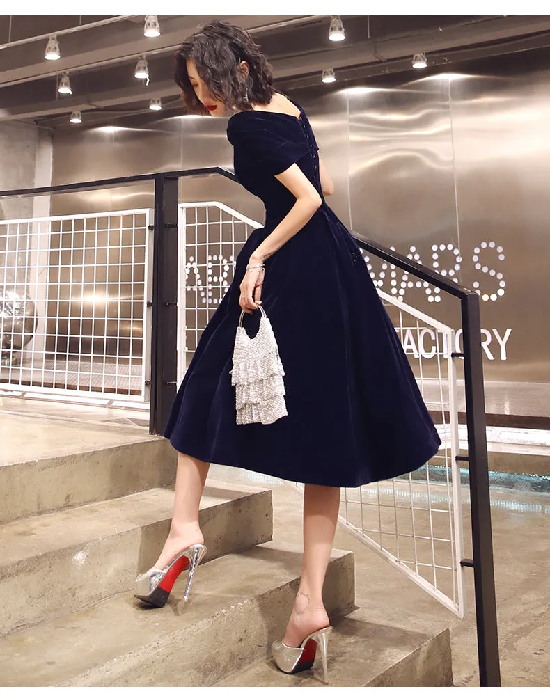 Navy Blue Velvet Tea Length V-neckline Party Dress, Navy Blue Bridesmaid Dress Party Dress