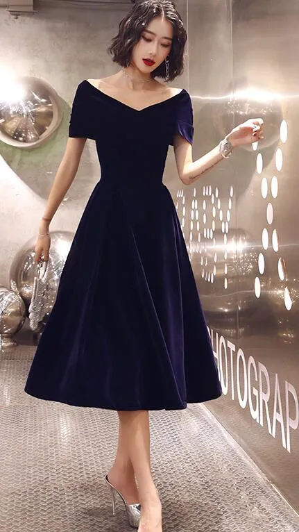 Navy Blue Velvet Tea Length V-neckline Party Dress, Navy Blue Bridesmaid Dress Party Dress