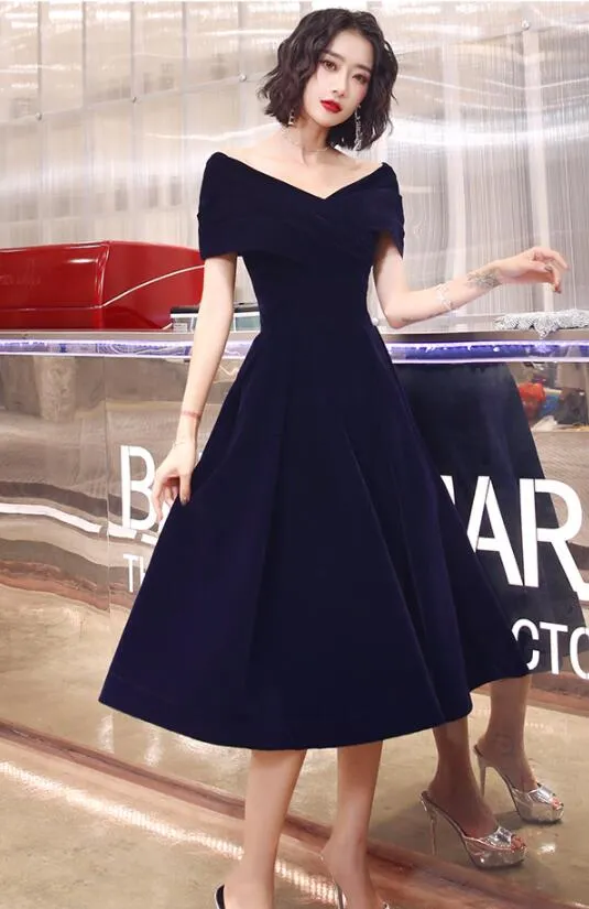 Navy Blue Velvet Tea Length V-neckline Party Dress, Navy Blue Bridesmaid Dress Party Dress