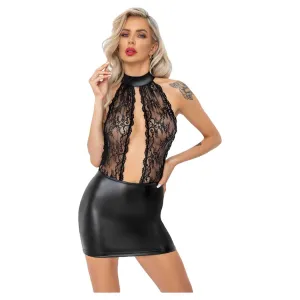 Noir Handmade Powerwetlook Short Dress with Lace Top