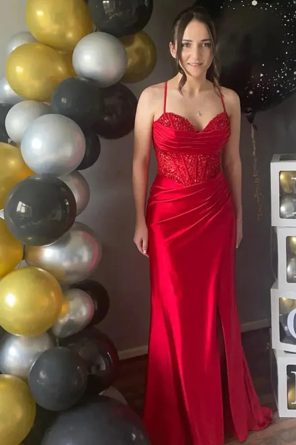 Off Shoulder Corset Mermaid Nude Long Prom Dress with Slit TP1368