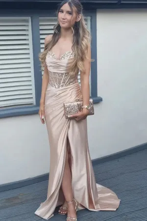 Off Shoulder Corset Mermaid Nude Long Prom Dress with Slit TP1368