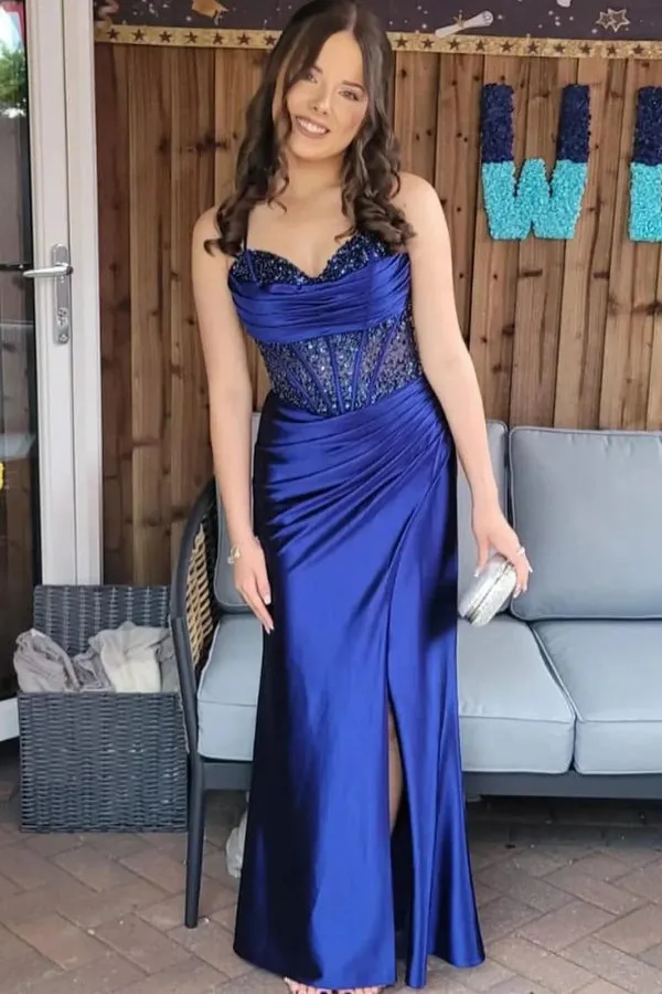 Off Shoulder Corset Mermaid Nude Long Prom Dress with Slit TP1368