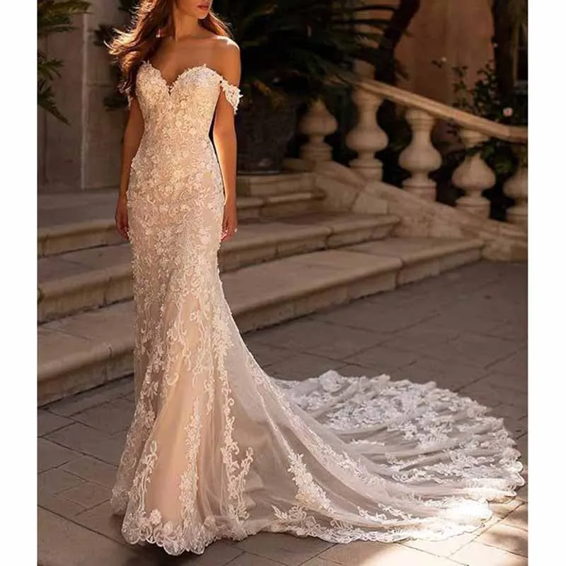 Off Shoulder Lace Mermaid Wedding Dress Bridal Gown