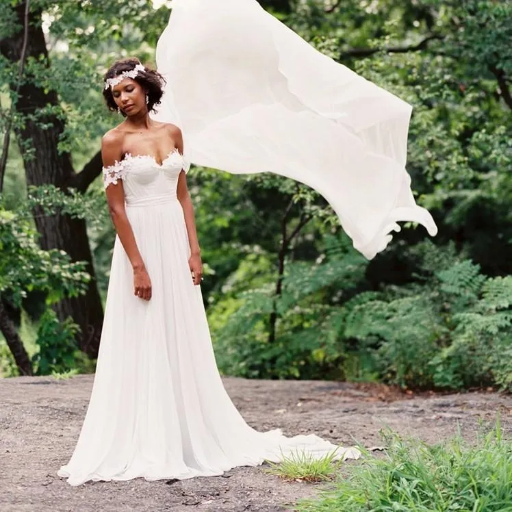 Off Shoulder Lace Sleeves Unique Casual Cheap Beach Wedding Dresses, WDY0182