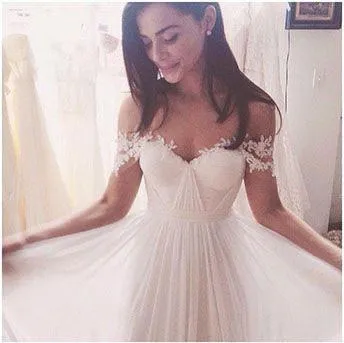 Off Shoulder Lace Sleeves Unique Casual Cheap Beach Wedding Dresses, WDY0182