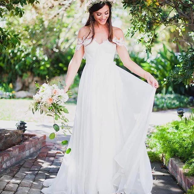 Off Shoulder Lace Sleeves Unique Casual Cheap Beach Wedding Dresses, WDY0182