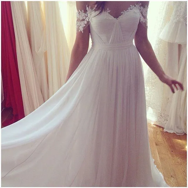 Off Shoulder Lace Sleeves Unique Casual Cheap Beach Wedding Dresses, WDY0182