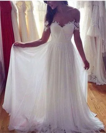 Off Shoulder Lace Sleeves Unique Casual Cheap Beach Wedding Dresses, WDY0182