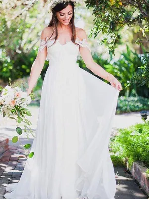 Off Shoulder Lace Sleeves Unique Casual Cheap Beach Wedding Dresses, WDY0182