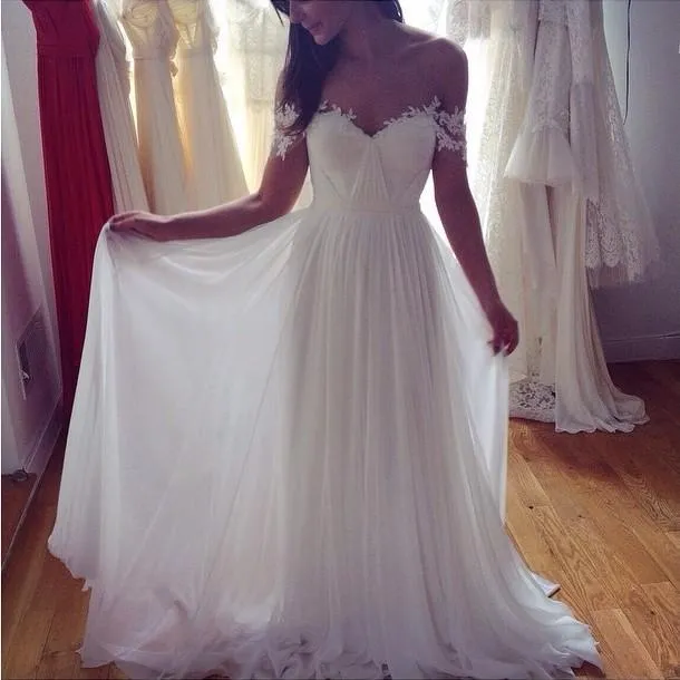 Off Shoulder Lace Sleeves Unique Casual Cheap Beach Wedding Dresses, WDY0182