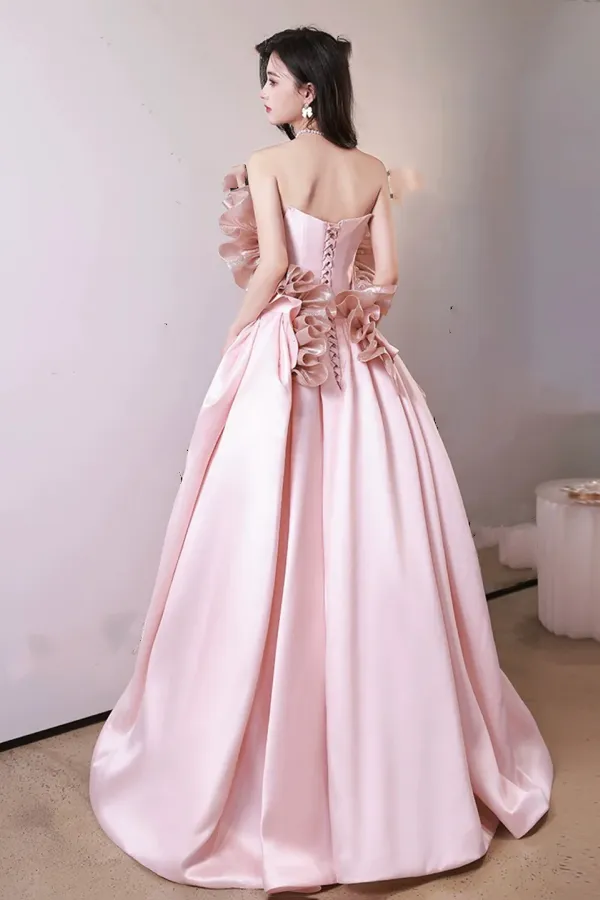 Off Shoulder Pink Satin Long Formal Dress, Pink Evening Dress Party Dress APP0939