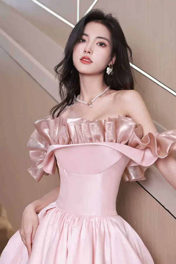 Off Shoulder Pink Satin Long Formal Dress, Pink Evening Dress Party Dress APP0939