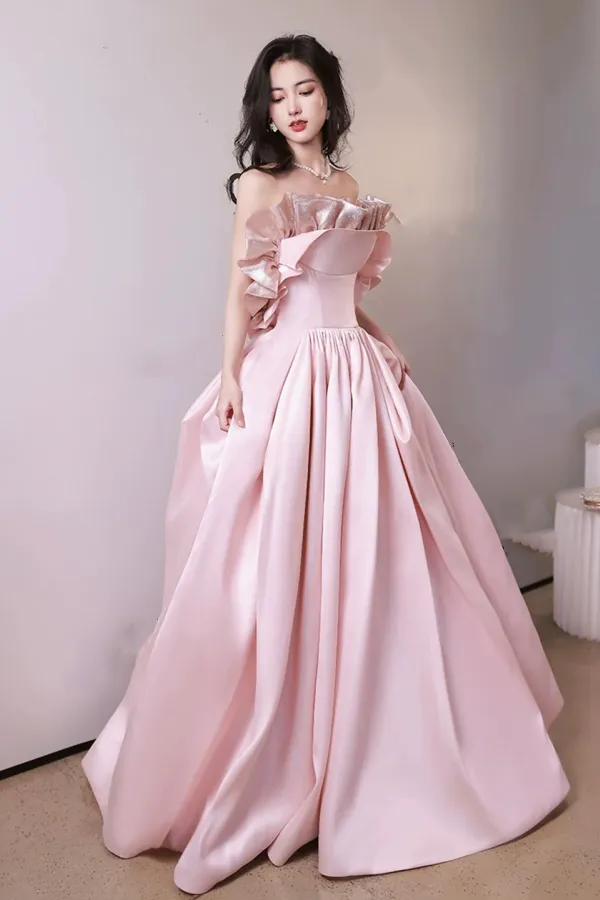 Off Shoulder Pink Satin Long Formal Dress, Pink Evening Dress Party Dress APP0939