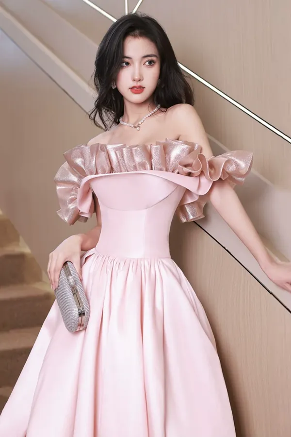 Off Shoulder Pink Satin Long Formal Dress, Pink Evening Dress Party Dress APP0939