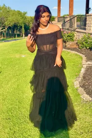 Off the Shoulder Tiered Tulle Lond Prom Dress     fg4608