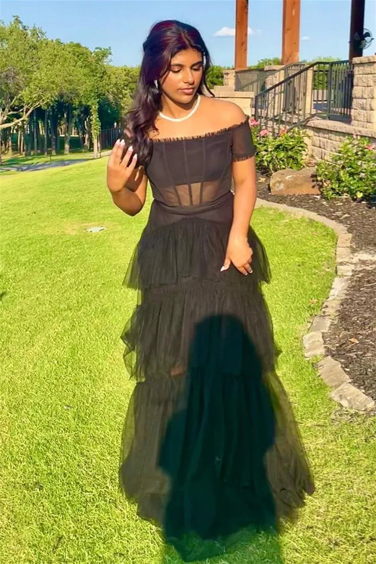 Off the Shoulder Tiered Tulle Lond Prom Dress     fg4608